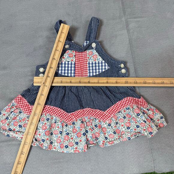Vintage Denim Floral Gingham Overalls Dress Baby Girl 6-9 Months Shabby Chic - Picture 8 of 8